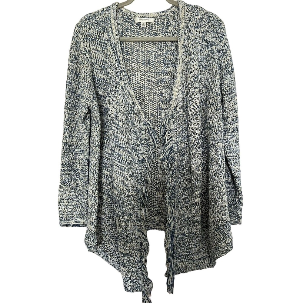 🌵 Liz Claiborne Women's Blue & Cream Mottled Knit Open Fringe Cardigan - Medium